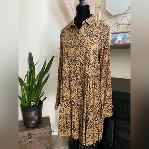 Leopard print mid length button up dress